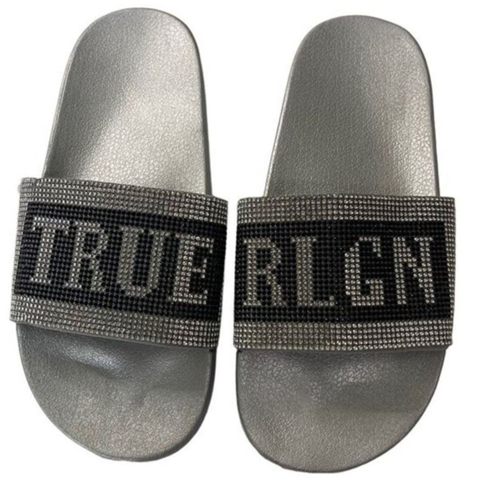True Religion Crystal Embellished Rhinestone Jasmin Bling Slides Slip On Sandals